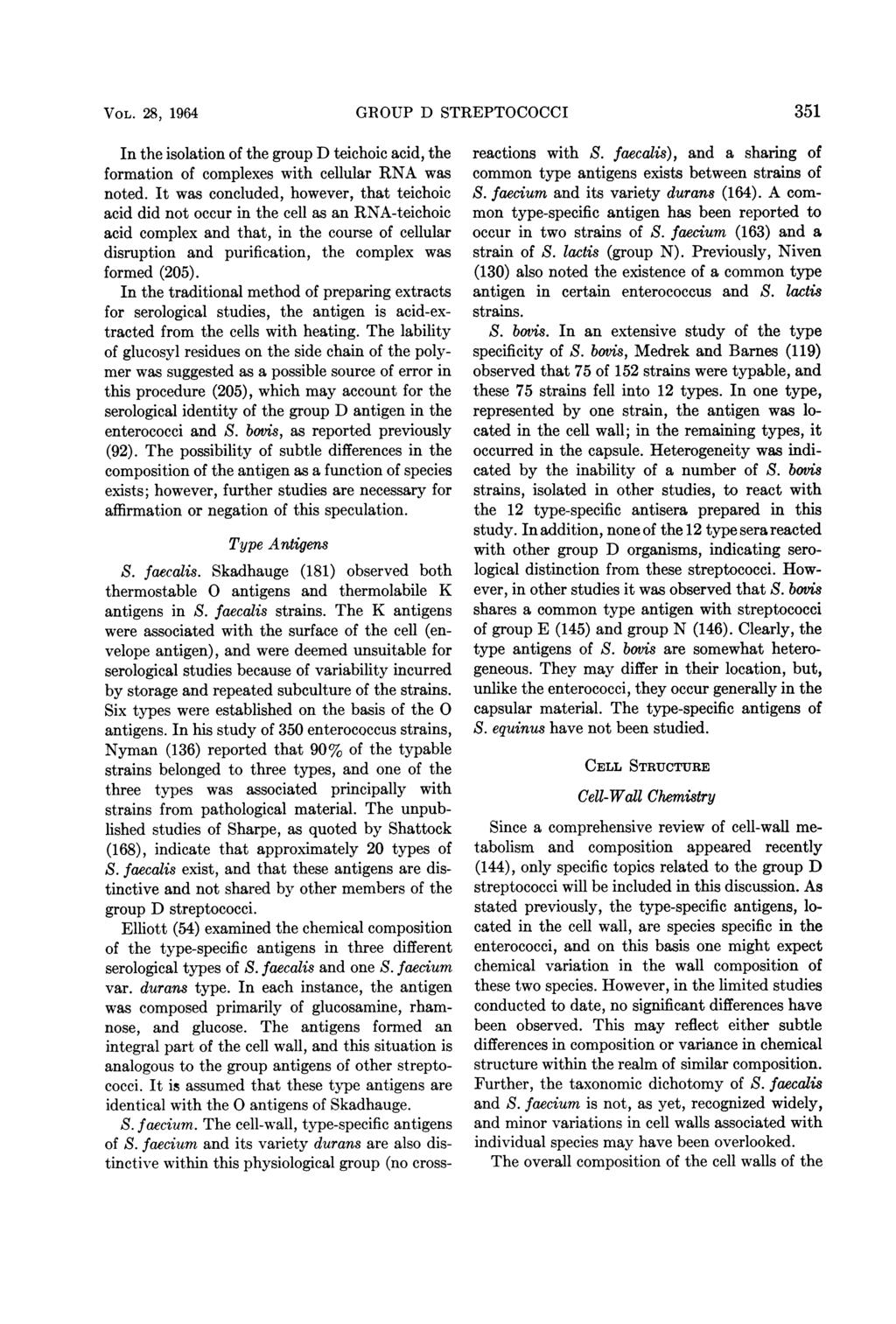 VOL. 28, 1964 In the isolation of the group D teichoic acid, the formation of complexes with cellular RNA was noted.