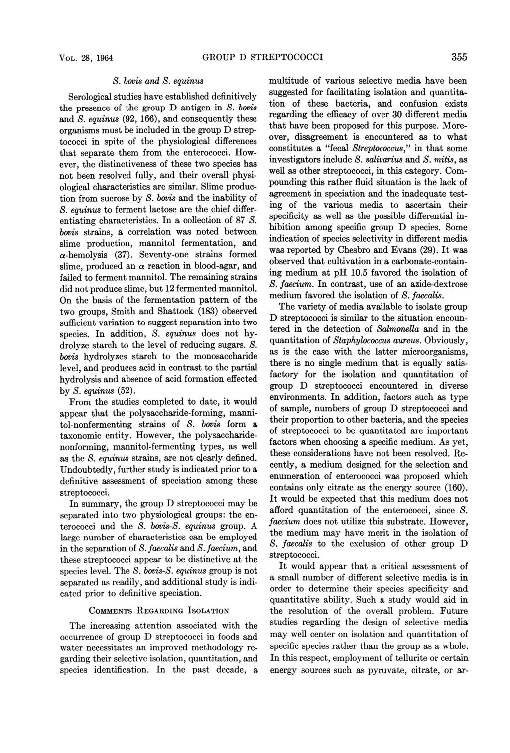 VOL. 28, 1964 GROUP D STREPTOCOCCI 355 S. bovis and S.
