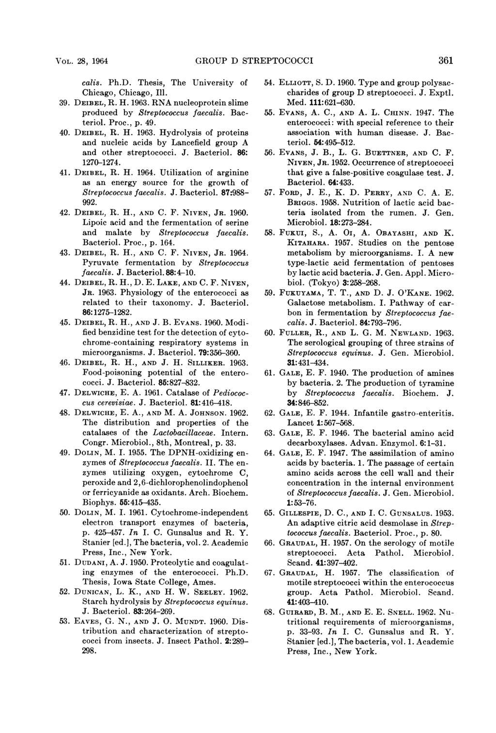 VOL. 28, 1964 GROUP D STREPTOCOCCI 361 calis. Ph.D. Thesis, The University of Chicago, Chicago, Ill. 39. DEIBEL, R. H. 1963. RNA nucleoprotein slime produced by Streptococcus faecalis. Bacteriol.
