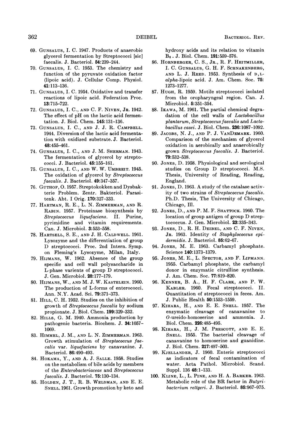 362 DEIBEL BACTERIOL. REV. 69. GUNSALUS, I. C. 1947. Products of anaerobic glycerol fermentation by Streptococci [sic] faecalis. J. Bacteriol. 54:239-244. 70. GUNSALUS, I. C. 1953.