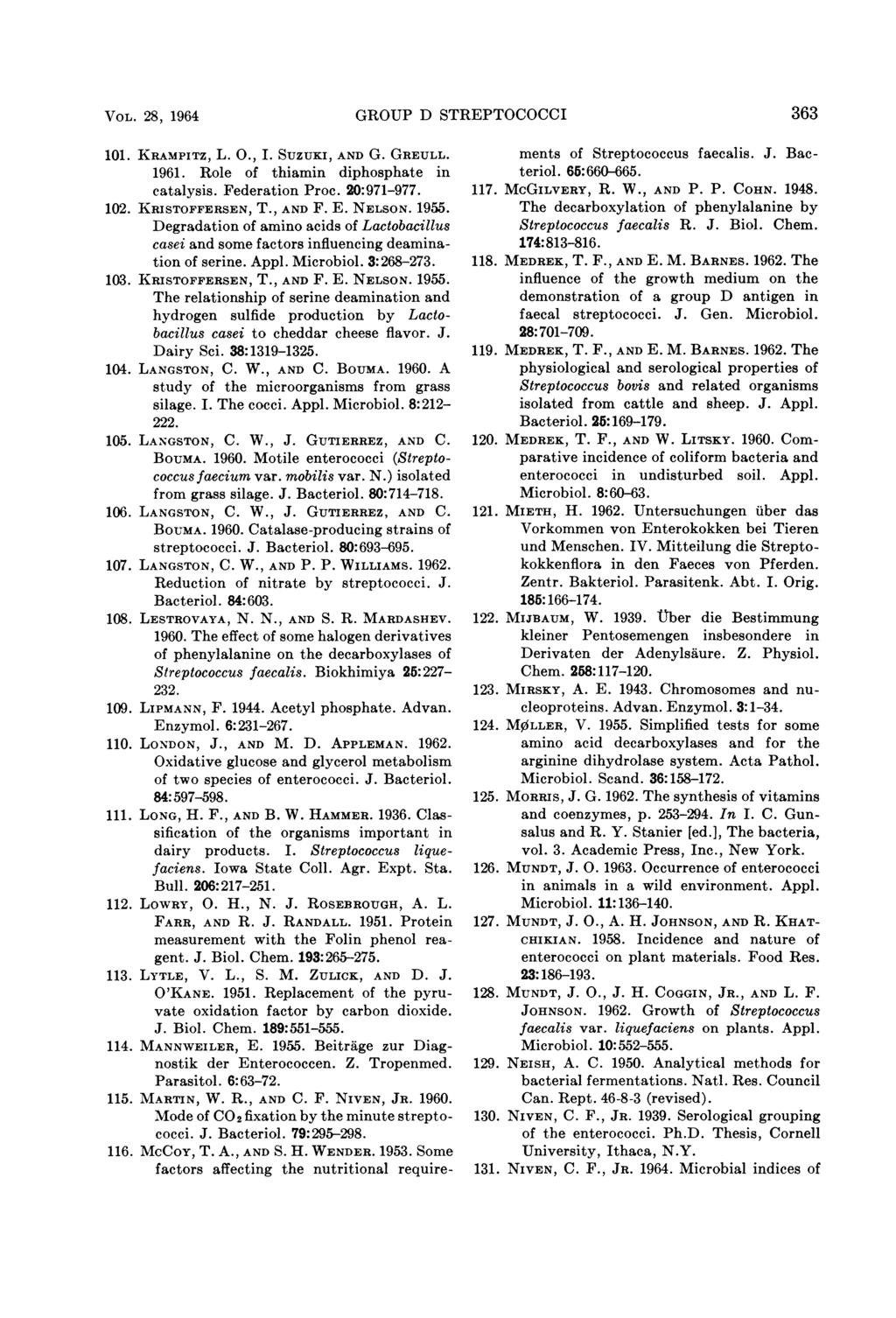 VOL. 28, 1964 GROUP D STREPTOCOCCI 363 101. KRAMPITZ, L. O., I. SUZUKI, AND G. GREULL. 1961. Role of thiamin diphosphate in catalysis. Federation Proc. 20:971-977. 102. KRISTOFFERSEN, T., AND F. E.
