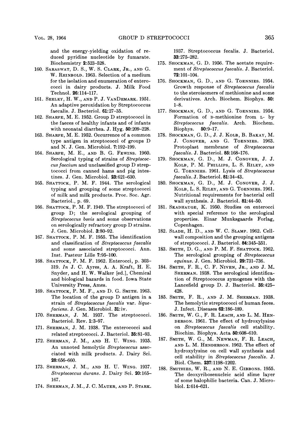 VOL. 28,7 1964 GROUP D STREPTOCOCCI 365 and the energy-yielding oxidation of reduced pyridine nucleotide by fumarate. Biochemistry 2:523-528. 160. SARASWVAT, D. S., W. S. CLARK, JR., AND G. W. REINBOLD.