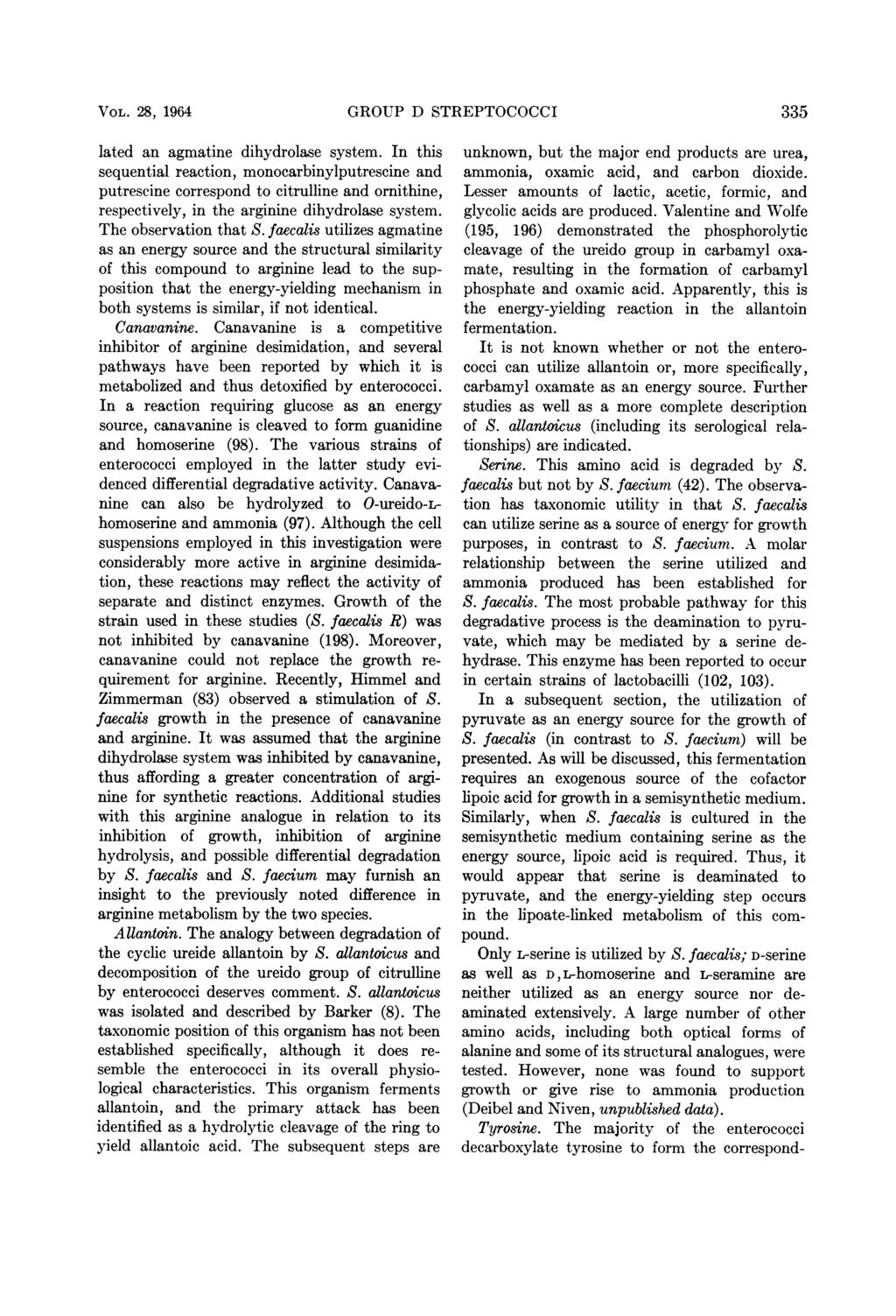 VOL. 28, 1964 GROUP D STREPTOCOCCI 335 lated an agmatine dihydrolase system.