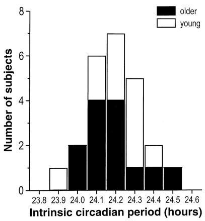 Number of subjects Forced desynchrony Human circadian period (t) n = 11 young n = 13 old Sighted t = 24.18 0.02 h Czeisler et al.