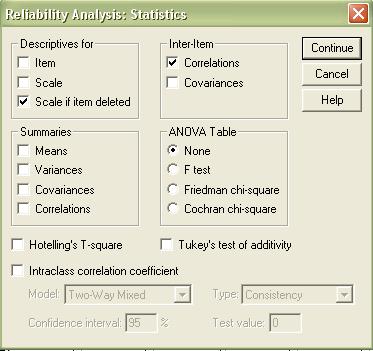 Reliability analysis on SPSS For a basic realibility check, just tick 'Scale if item deleted' and 'correlations' 'Scale if item deleted' tests whether alpha