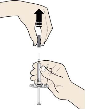 Step 2: Get ready E Hold the prefilled syringe by the syringe barrel with the needle cap pointing up. Carefully pull the needle cap straight off and away from your body when you are ready to inject.
