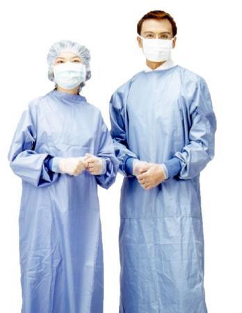 Full body, fluid repellent gowns should be worn where there is a risk of extensive splashing of blood, body fluids, secretions and excretions, with