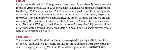 High-risk donor lungs can now be safely used for transplant due to the Toronto XVIV0 Lung Perfusion System September 2008 to January 2010, 136 lung