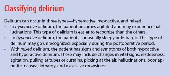 Causes and types of delirium Factors that can cause or contribute to delirium include: dehydration infection drug toxicity polypharmacy adverse drug reactions immobility (including restraint use)