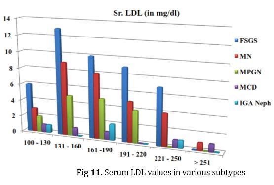 Serum Triglyceride level were found to be elevated in all the patients but significant elevation (>250mg/dl) was observed in IgA Nephropathy (100%), followed by MN (56.6%), MPGN (50%), FSGS (48.