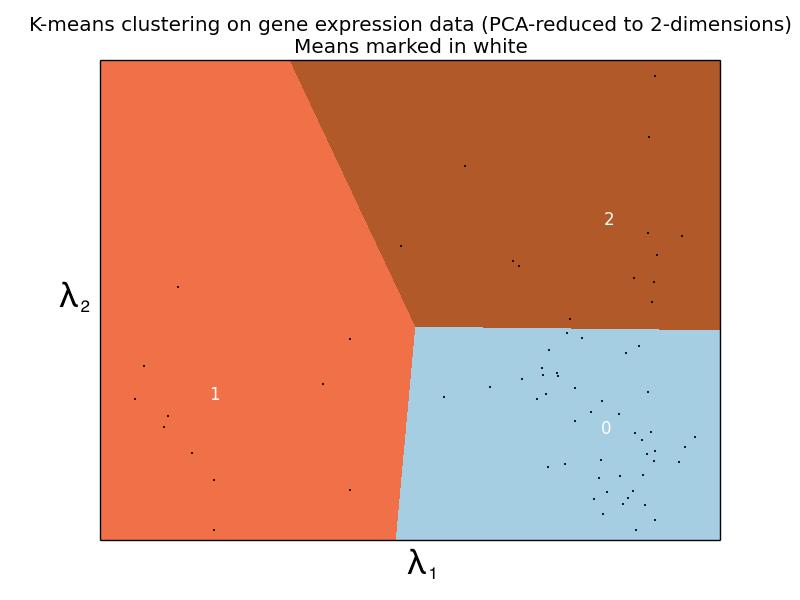 Figure 5: K-means clustering on PCA features and associated Kaplan-Meier survival plot. icant difference in survival with one group surviving much better then the other two.