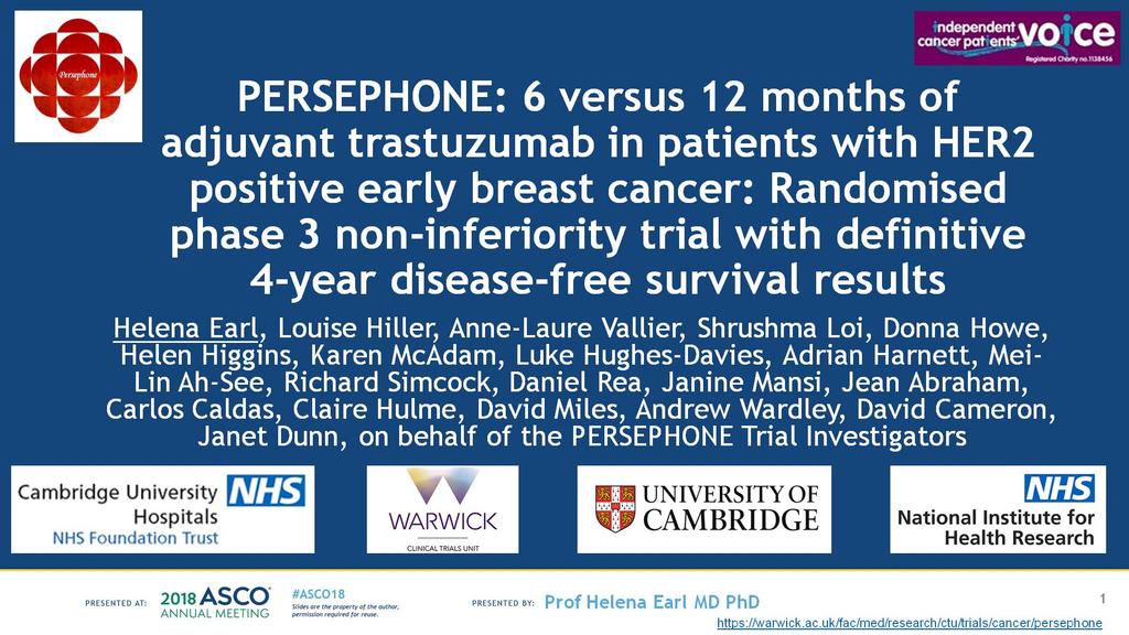 PERSEPHONE: 6 versus 12 months of adjuvant trastuzumab in patients with HER2 positive early breast cancer: Randomised phase 3