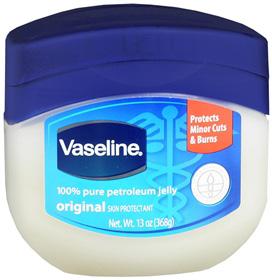 VASELINE PETROLEUM JELLY 13 oz. Temporarily protects minor cuts, scrapes and burns. Protects and helps relieve chapped skin and lips from the drying effects of wind and cold weather.