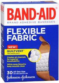 FIRST AID BANDAID FLEX FABRIC 3/4 30 count. Wicks away blood to keep wounds clean.