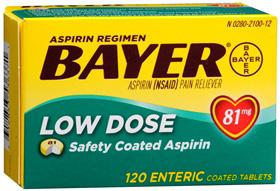 BAYER ADULT 81MG ENTERIC COATED LOW DOSE ASPIRIN 120 count. For the temporary relief of minor aches and pains or as recommended by your doctor.