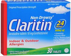 CLARITIN ALLERGY 24 HOUR 10MG 30 count. Temporarily relieves these symptoms: runny nose; itchy, watery eyes; sneezing; itching of the nose or throat. Non-drowsy (when taken as directed).