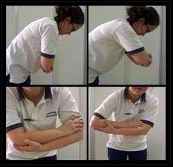 Shoulder pendular exercises Stand and lean forward supporting your injured arm with your other hand as shown in the picture. Try to relax your injured arm. 1.