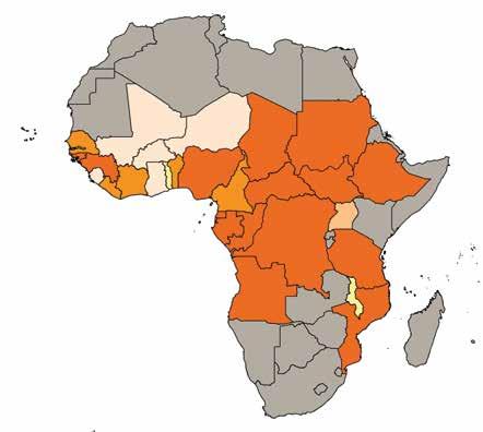 Map 2 illustrates the status of elimination efforts in each country in Africa.