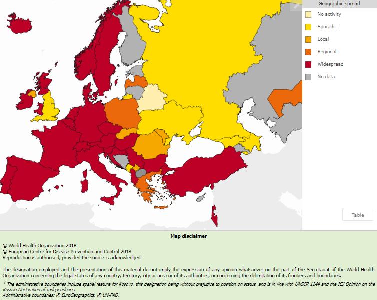Fig. 2 Geographic spread in the European Region, week 4/2018 For interactive maps of influenza intensity and geographic spread, please see the Flu News Europe website.