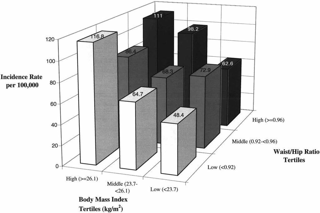 1053 Figure 2 Age-adjusted incidence rates for coronary heart disease according to body mass index and waist=hip ratio tertiles. (0.98±2.03), compared with men of the same age in the lowest quintile.