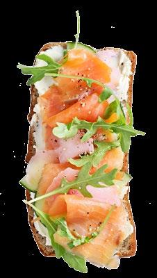 SMOKED TROUT INGREDIENTS: franschhoek smoked trout, cream cheese, cucumber, rocket, pickled ginger, toasted 100% rye bread Smoked trout is a rich source of omega 3 fatty acids, these healthy fats are