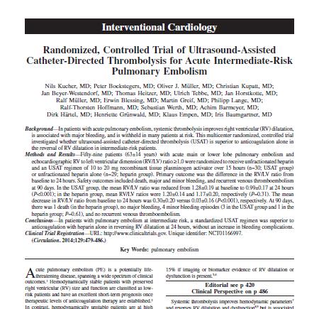 ULTIMA study compared EKOS to heparin in intermediate risk PE therapy The first RCT for an advanced catheter-based modality Primary Objective: Determine whether fixed low-dose