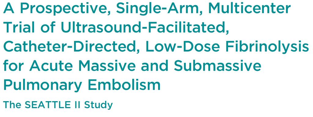 150 patients, massive and submassive PE, single-arm Reduction of RV/LV ratio at 24 hours Low dose, total 1 mg tpa/h (split-dose for bilateral) Mean ratio