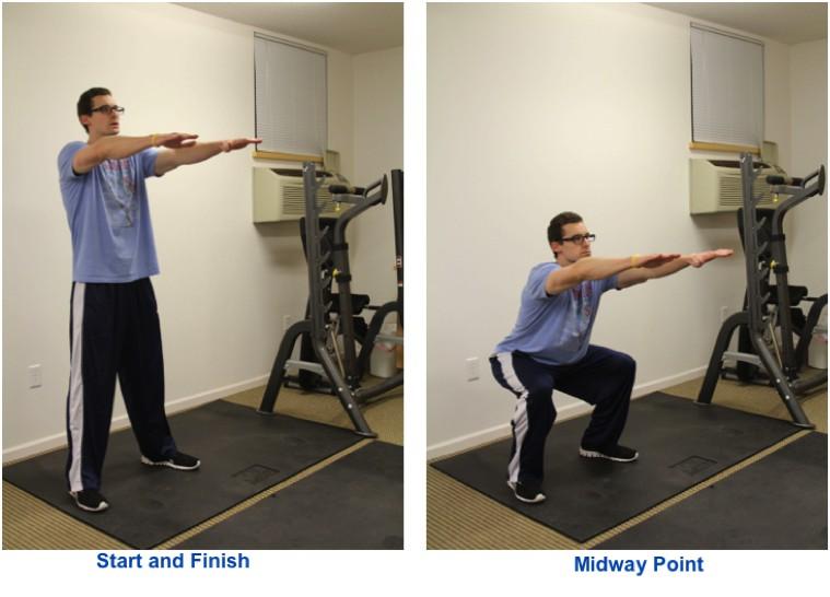 Bodyweight Squats 1. Starting Position: Start with your feet a little wider than shoulder width apart and arms placed straight out in front of you.