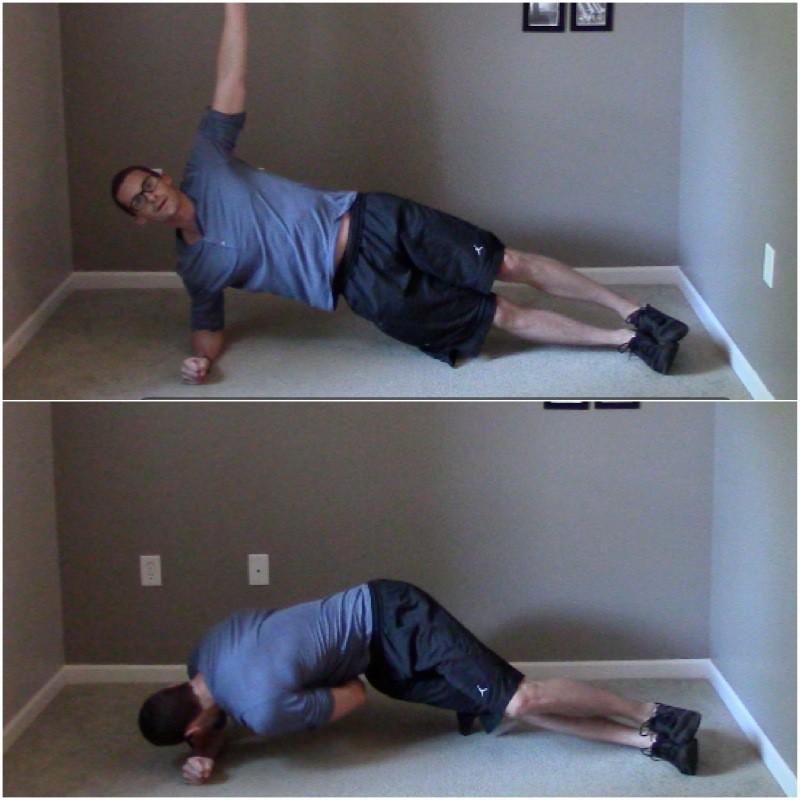 Side Plank Reach Through Start in the side plank position with your core tight and back straight. Using your core to twist, reach your hand through the plank gap until you cannot go any further.