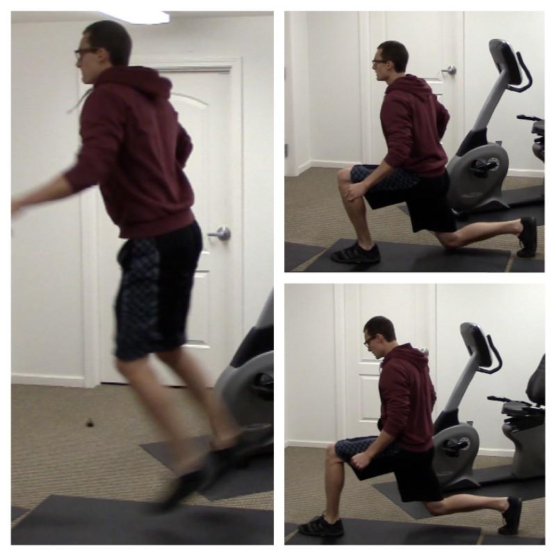 Jump Lunges Starting Position:Stand with your feet shoulder-width apart. Step forward with your left leg, taking a slightly larger than normal step.