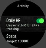 Before you can see the daily HR display, you need to activate the daily HR feature. You can toggle the feature on or off from the settings under Activity.
