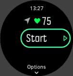 Above the start indicator, a set of icons appear, depending on what you are using with the sport mode (such as heart rate and connected GPS).