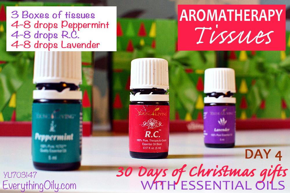 Day 4; aromatherapy tissues! Ingredients 3 Boxes of tissues (ones with pretty boxes) 4-8 drops of Peppermint 4-8 drops of R.C.