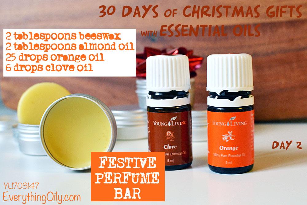 Day 2; festive perfume bar Ingredients 2 tablespoons of beeswax pellets 2 tablespoons of almond butter 25 drops orange essential oil 6 drops clove essential oil Instructions Add the beeswax to a
