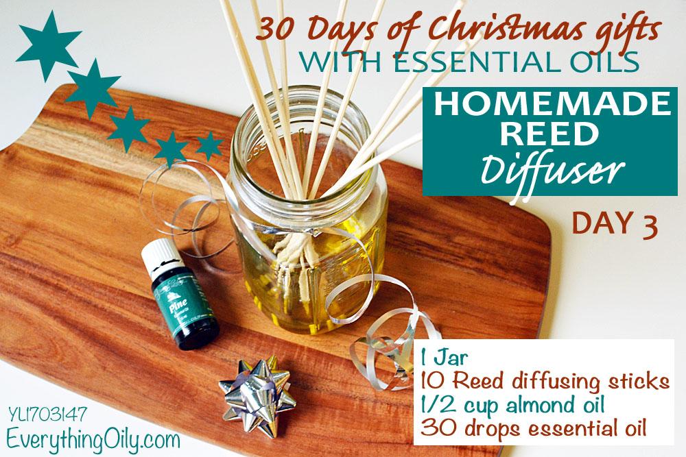 Day 3; homemade reed diffuser Ingredients 8-10 Reed Diffusing sticks 1 Jar 1/2 Cup Almond Oil 30 drops of essential oil of your choice (I used Pine, but next time I'm going to
