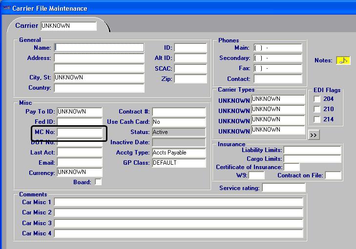 Verifying that company carriers have MC numbers You should record the motor carrier (MC) number for each of your carriers in TMWSuite File Maintenance.