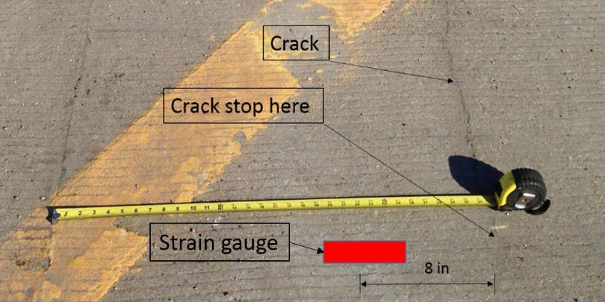 Displacement (in) (solid rectangle) and the crack. The high measured strain value in the sixth bay is probably due to the stress concentration at the end of the crack. Figure 46.