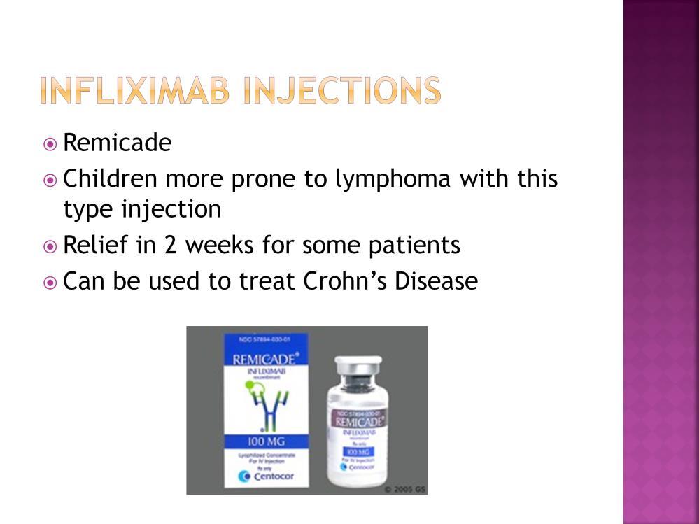 With Infliximab, or Remicade, injections, children are more prone to develop lymphoma.