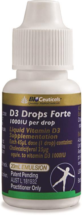D3 Drops Forte Key features & benefits Great tasting - vanilla-flavoured Perfect for customers unable to take other traditional Vitamin D supplements High potency only one drop a day is needed to