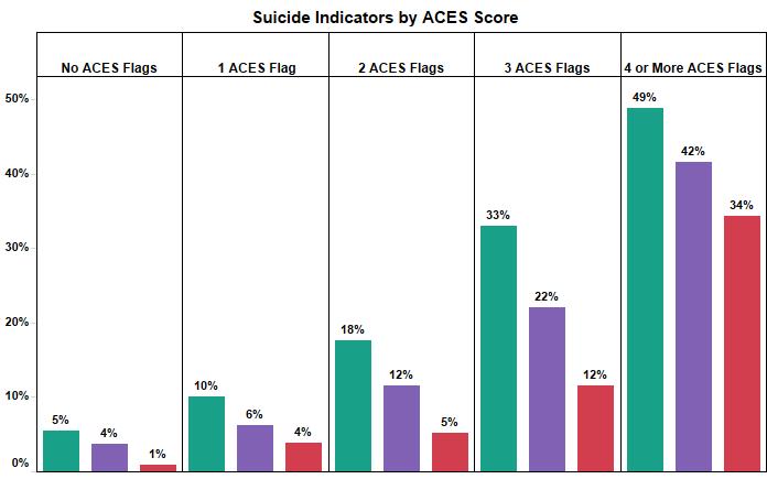 Suicide 49% of student with 4 or more ACEs reported engaging in self-injury 42% of students with 4 or more ACEs reported considering suicide in the past year 34% of students with 4