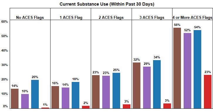 Substance Abuse: In the last 30 days Tobacco Marijuana Alcohol Any other drug 56% of students with 4 or more ACEs reported using tobacco 53% of students with 4