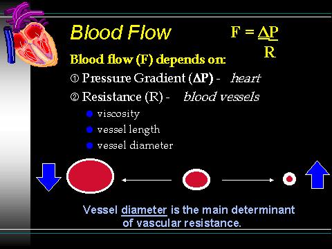 Flow = Difference in pressure/resistance Pressure Gradient = difference in pressure between beginning & end of vessel (pressure = force exerted by blood against vessel wall & measured in millimeters