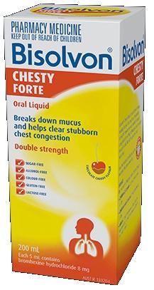 Do not exceed 3 doses in a 24 hour period. Children 6-11 years: See pharmacist. Active ingredients: Each 5mL of liquid contains bromhexine HCl 8mg. Also available is the Bisolvon Chesty Forte Tablets.