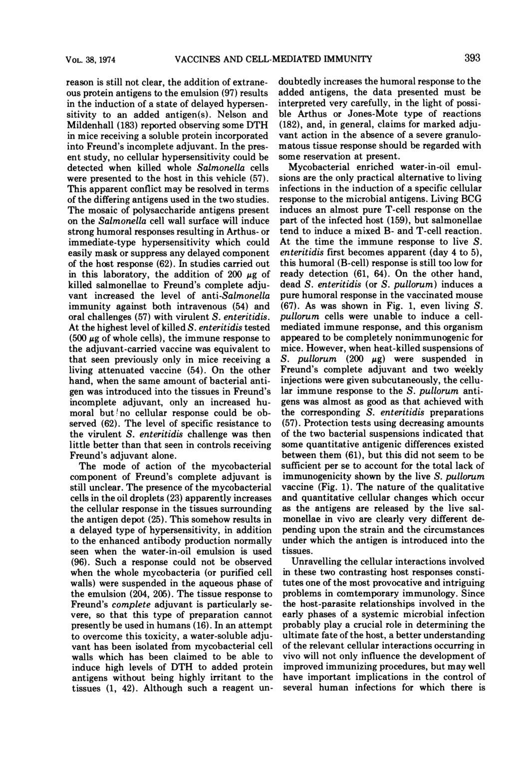 VOL. 38, 1974 VACCINES AND CELL-MEDIATED IMMUNITY reason is still not clear, the addition of extraneous protein antigens to the emulsion (97) results in the induction of a state of delayed