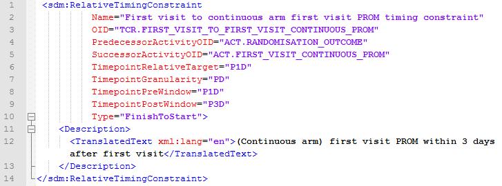 Example of a Trigger element in the GORD study 2.2.2.3 Timing Constraints Timing constraints are defined in their specific Timing section in the SDM-XML document.