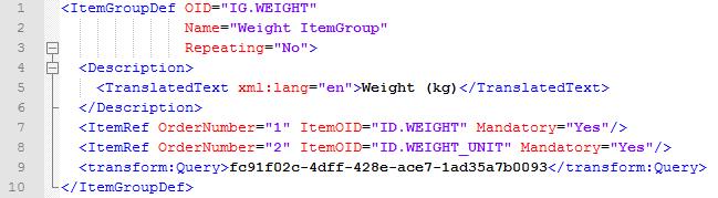 ItemGroupDef: This element describes an item group that can occur in a study. Figure 17 shows the weight item group definition.