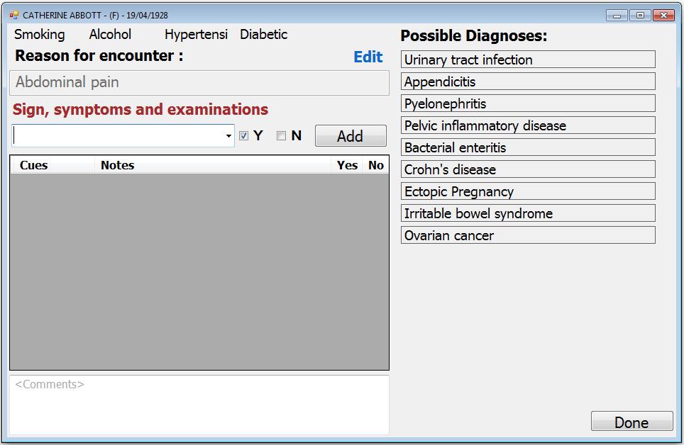 3. Diagnostic support The main diagnostic screen contains the following zones and components: screen caption; significant patient information; patient s RfE; signs, symptoms and examinations list;