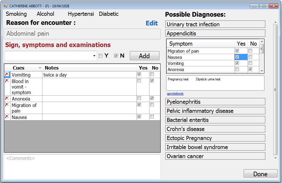 Figure 16: Clicking on a diagnosis will display the main symptoms that can confirm it or rule it out It is important to note that only reason for encounter is a mandatory field.