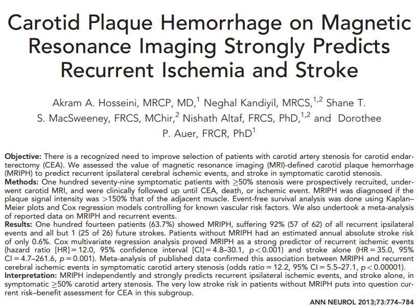 MRI of carotid plaque Axial views of T1-weighted water-selective magnetic resonance imaging to detect plaque hemorrhage of
