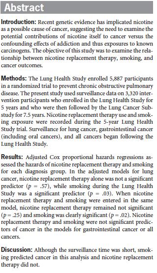 NICOTINE SAFETY Source: Does nicotine replacement therapy cause cancer?